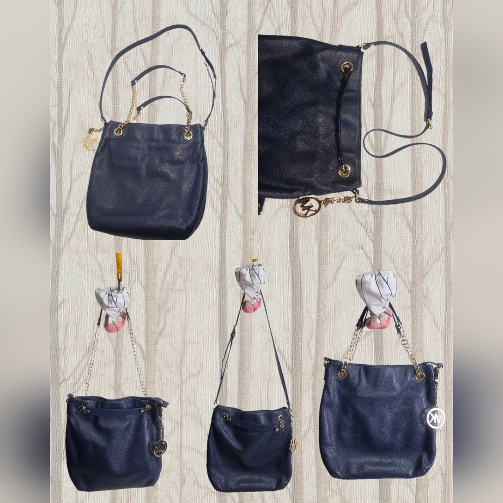 Michael Kors Jet Set Navy Pebbled Leather Chain Shoulder Tote Bag 30H01TCM2L